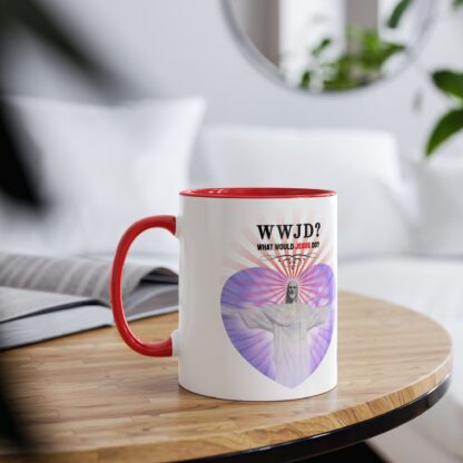 WWJD? Rio design - "What Would Jesus Do?" - Two-Tone Coffee Mugs, 11oz Picture of Jesus Christ - Image 10