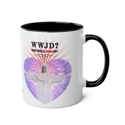 WWJD? Rio design - "What Would Jesus Do?" - Two-Tone Coffee Mugs, 11oz Picture of Jesus Christ - Image 14