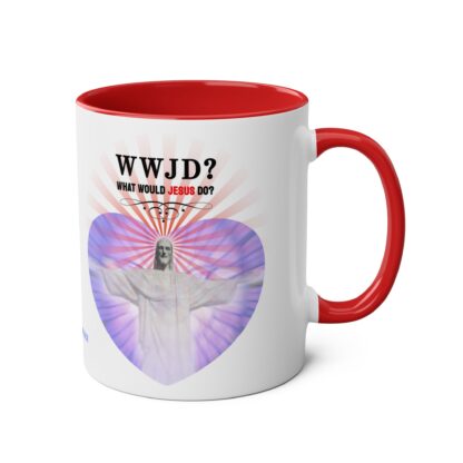 WWJD? Rio design - "What Would Jesus Do?" - Two-Tone Coffee Mugs, 11oz Picture of Jesus Christ - Image 9