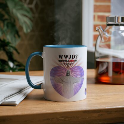 WWJD? Rio design - "What Would Jesus Do?" - Two-Tone Coffee Mugs, 11oz Picture of Jesus Christ - Image 5