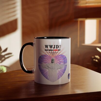 WWJD? Rio design - "What Would Jesus Do?" - Two-Tone Coffee Mugs, 11oz Picture of Jesus Christ - Image 15