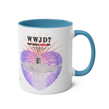 WWJD? Rio design - "What Would Jesus Do?" - Two-Tone Coffee Mugs, 11oz Picture of Jesus Christ - Image 4