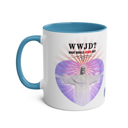 WWJD? Rio design - "What Would Jesus Do?" - Two-Tone Coffee Mugs, 11oz Picture of Jesus Christ - Image 2