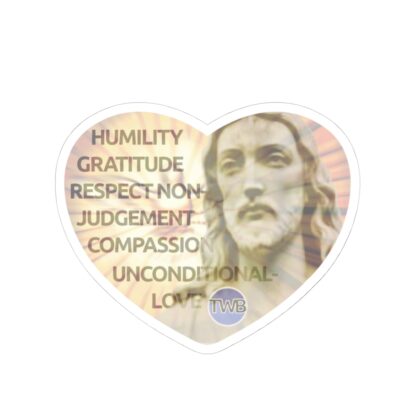 Kiss-Cut Sticker: White border Jesus in Heart with each of The Six Virtues of The Way Back listed - Image 2