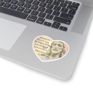 Kiss-Cut Sticker: White border Jesus in Heart with each of The Six Virtues of The Way Back listed