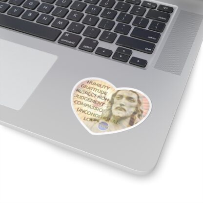 Kiss-Cut Sticker: White border Jesus in Heart with each of The Six Virtues of The Way Back listed